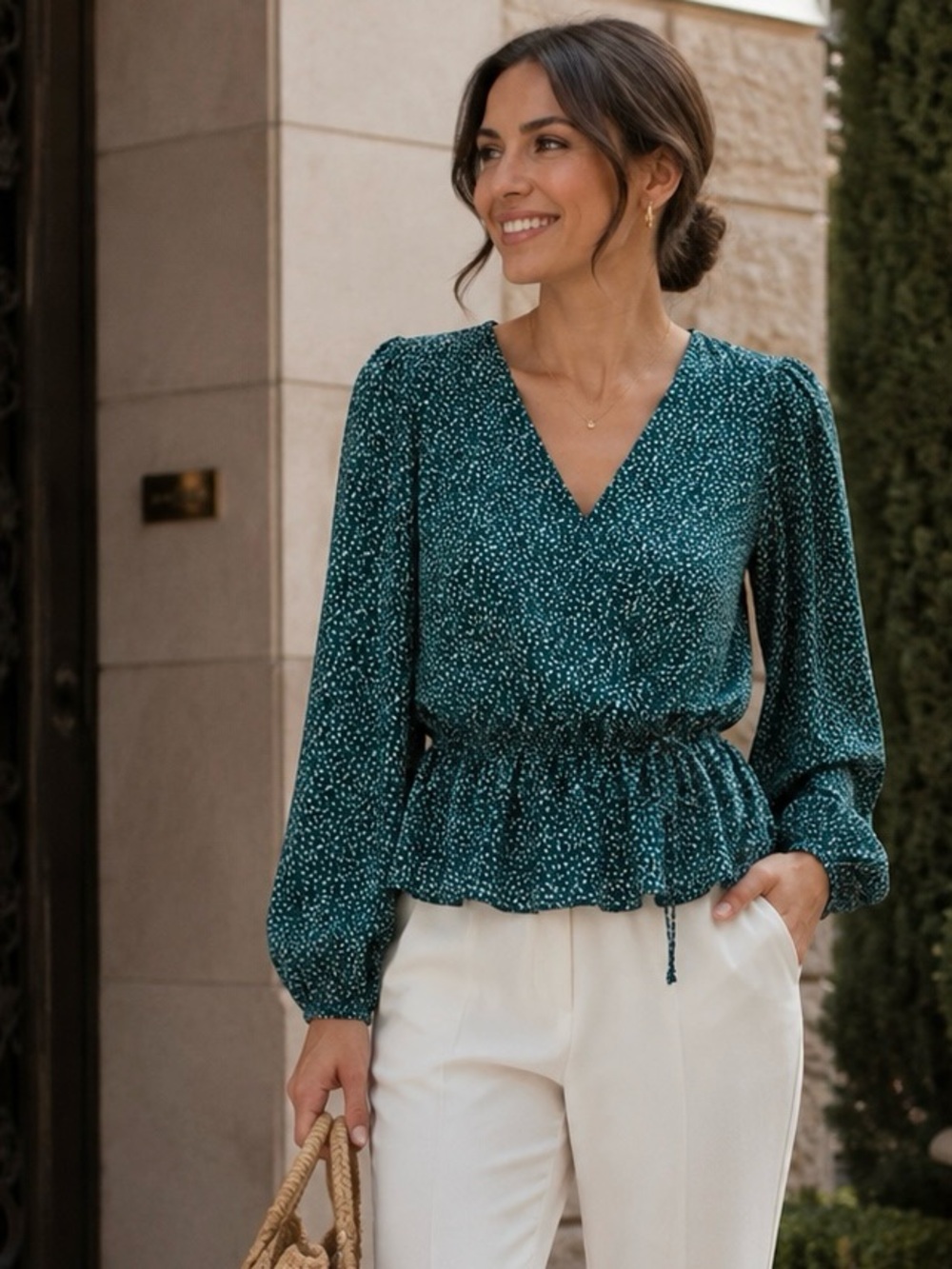 nine britton Teal V-Neck Peplum Blouse with White Dot Print